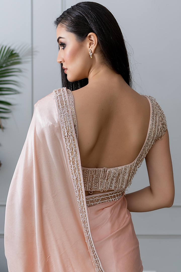 Peach Satin Embroidered Wedding Saree Set by Varun Chakkilam at Pernia's Pop Up Shop