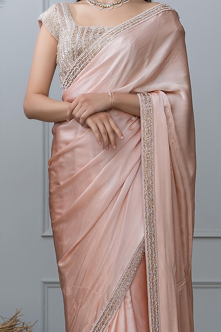 Peach Satin Embroidered Wedding Saree Set by Varun Chakkilam at Pernia's Pop Up Shop
