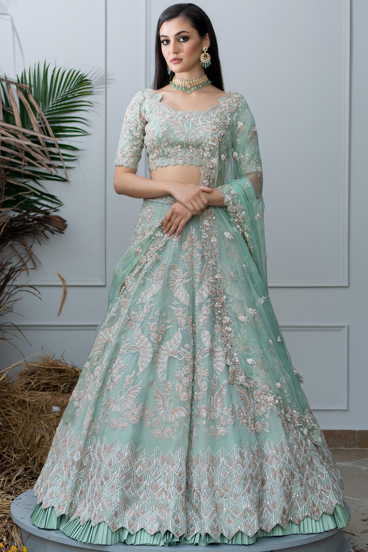 Sage Green Embroidered Bridal Lehenga Set by Varun Chakkilam at Pernia's  Pop Up Shop 2024