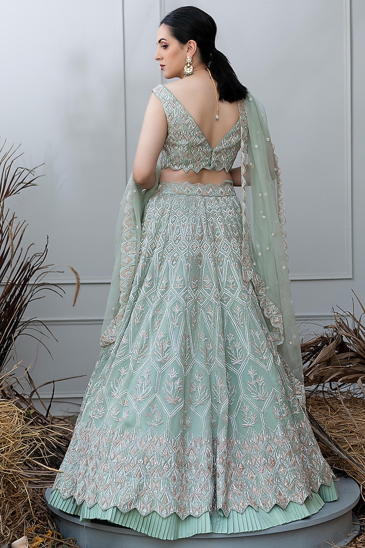 Sage Green Hand Embroidered Bridal Lehenga Set by Varun Chakkilam at Pernia's Pop Up Shop
