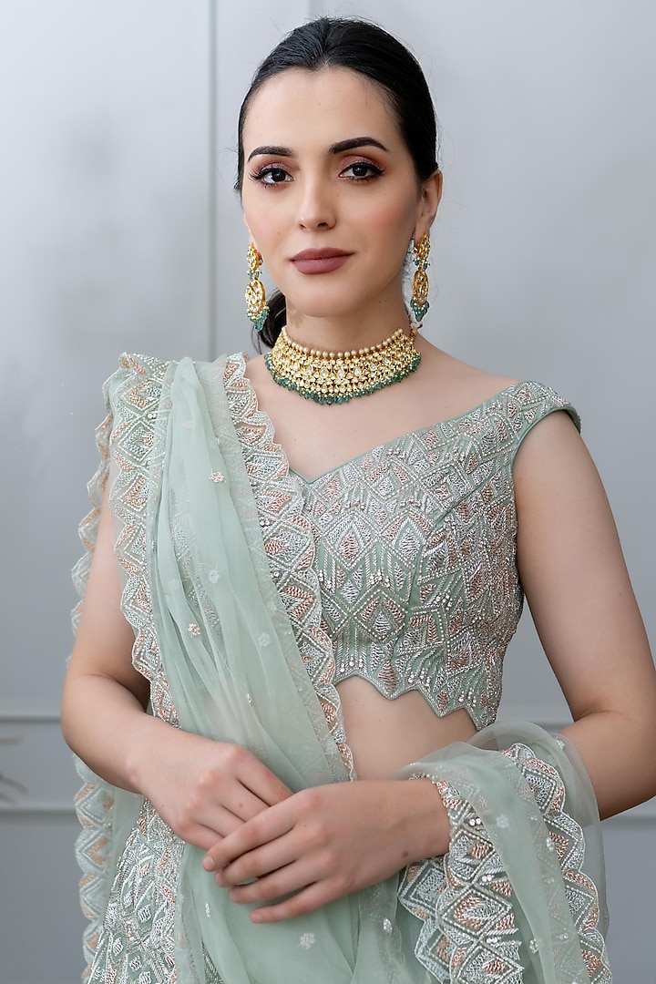 Sage Green Hand Embroidered Bridal Lehenga Set by Varun Chakkilam at Pernia's Pop Up Shop