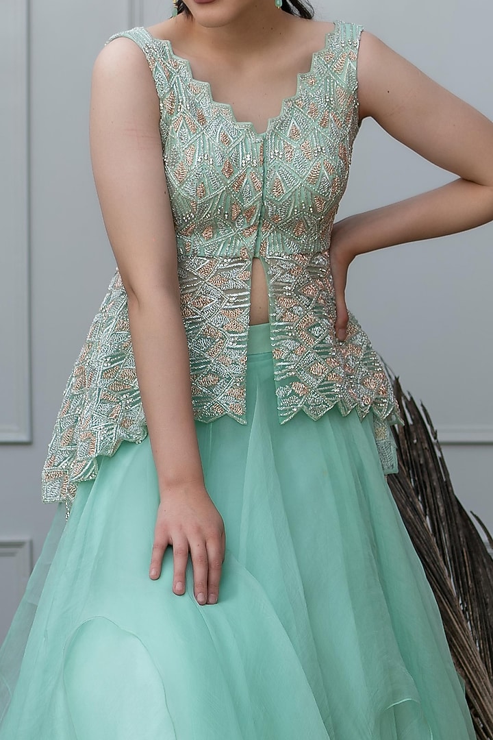 Mint Green Organza & Net Skirt Set by Varun Chakkilam at Pernia's Pop Up Shop