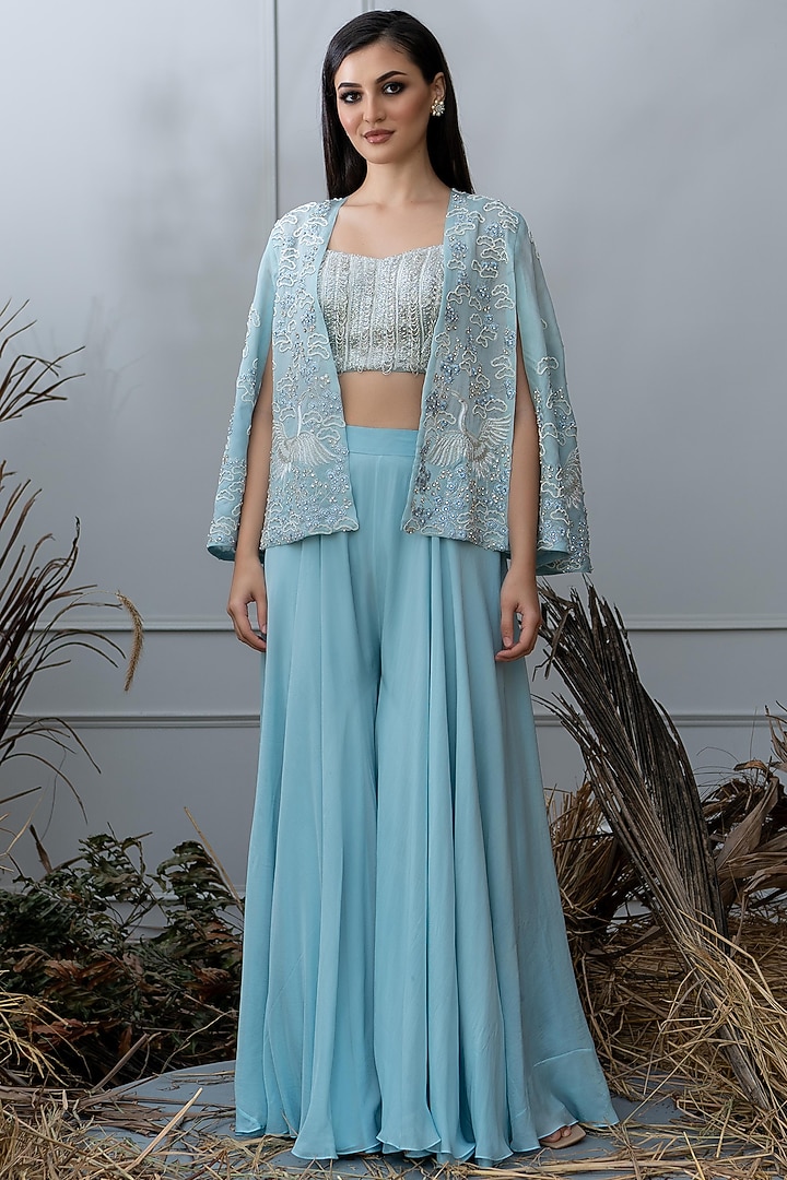 Powder Blue Embroidered Pant Set by Varun Chakkilam at Pernia's Pop Up Shop