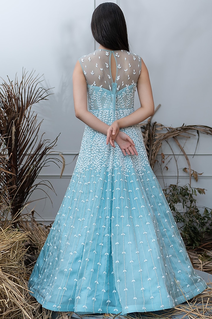 Ice Blue Embroidered Wedding Gown by Varun Chakkilam at Pernia's Pop Up Shop