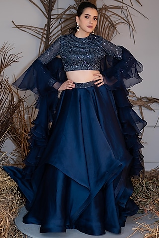 Midnight Blue Embroidered Lehenga Set by Varun Chakkilam