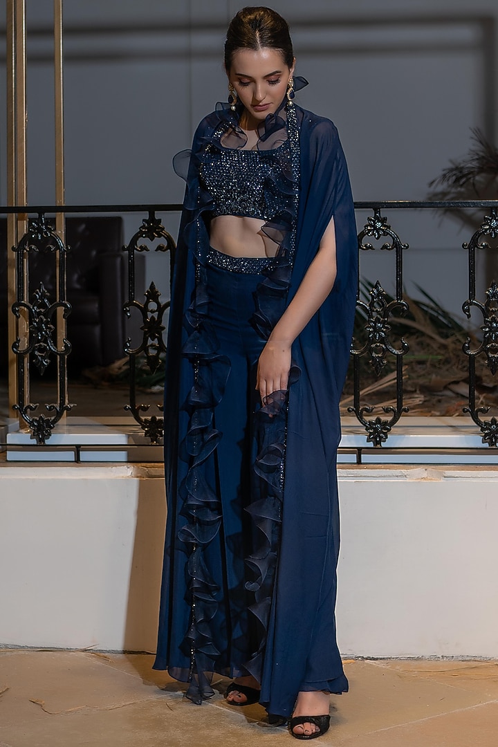 Midnight Blue Embroidered Pant Set by Varun Chakkilam at Pernia's Pop Up Shop
