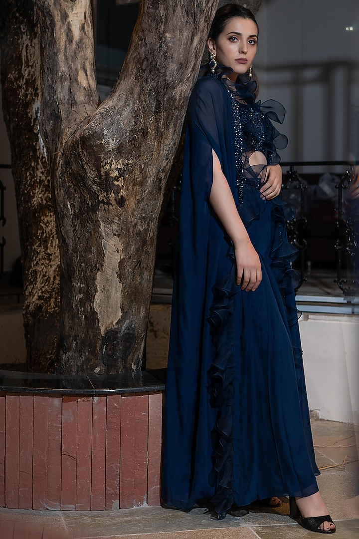Midnight Blue Embroidered Pant Set by Varun Chakkilam at Pernia's Pop Up Shop