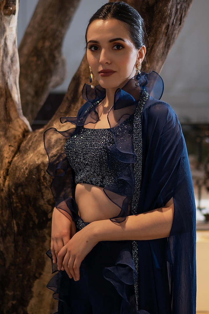 Midnight Blue Embroidered Pant Set by Varun Chakkilam at Pernia's Pop Up Shop