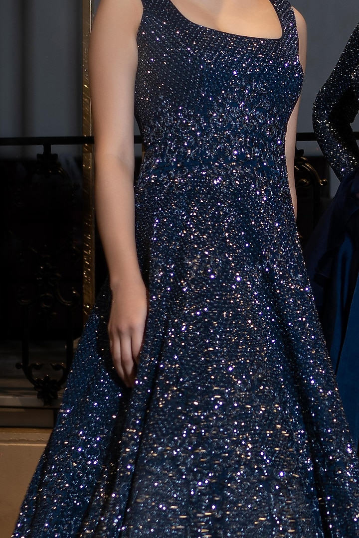 Midnight Blue Embellished Wedding Gown by Varun Chakkilam at Pernia's Pop Up Shop