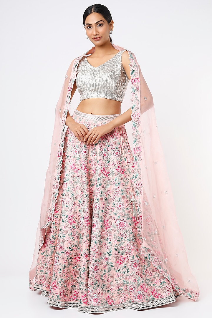 Blush Pink Embroidered Lehenga Set by Varun Chakkilam