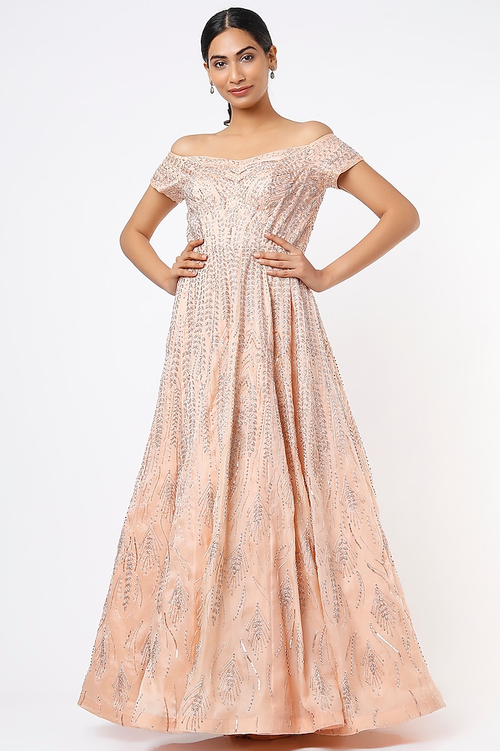 Peach Embroidered Gown by Varun Chakkilam