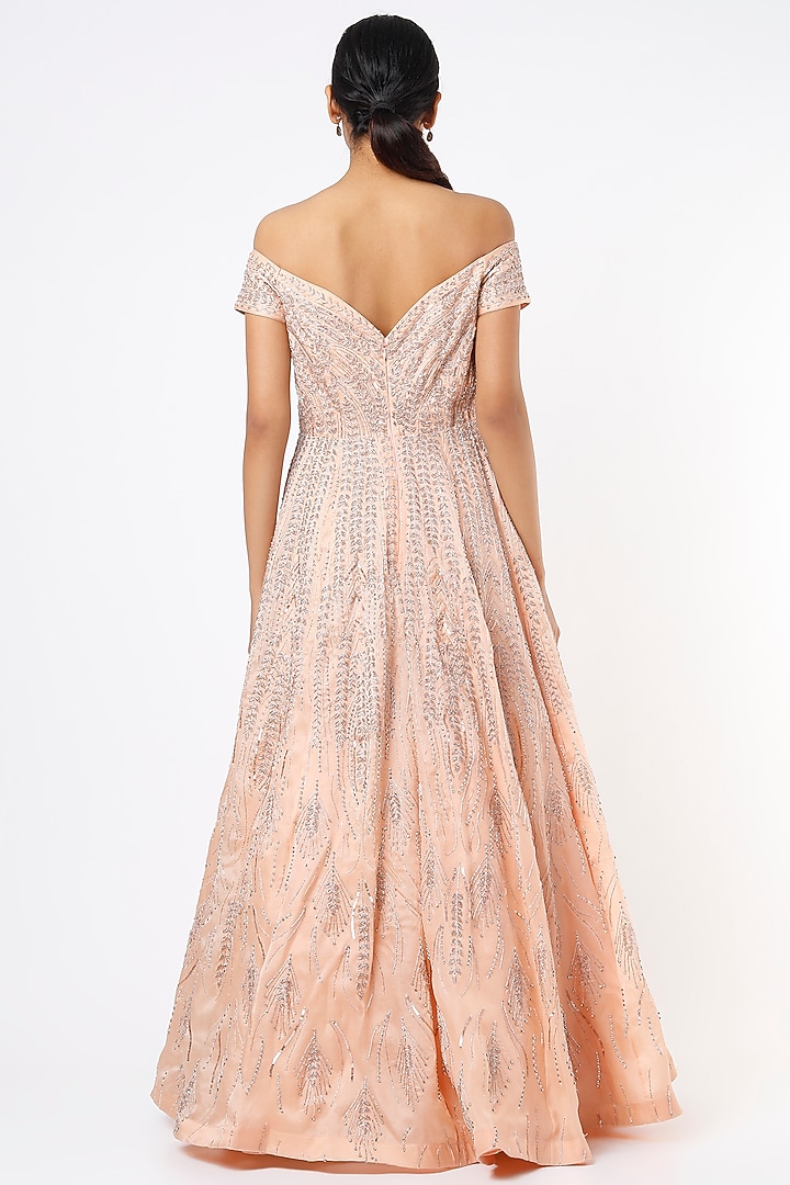 Peach Embroidered Wedding Gown by Varun Chakkilam at Pernia's Pop Up Shop
