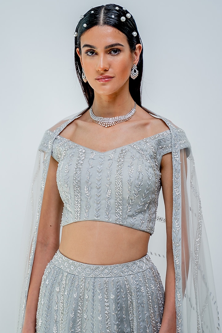 Silver Hand Embroidered Wedding Lehenga Set by Varun Chakkilam at Pernia's Pop Up Shop