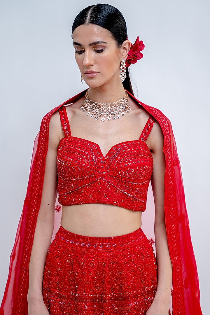 Crimson Red Hand Embroidered Bridal Lehenga Set by Varun Chakkilam at Pernia's Pop Up Shop