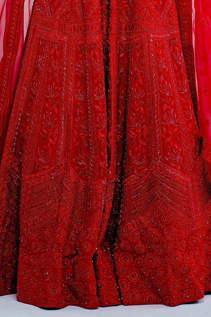 Crimson Red Hand Embroidered Bridal Lehenga Set by Varun Chakkilam at Pernia's Pop Up Shop
