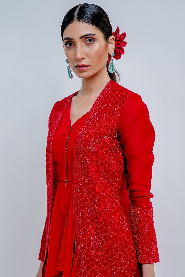 Crimson Red Embroidered Jacket Set by Varun Chakkilam at Pernia's Pop Up Shop