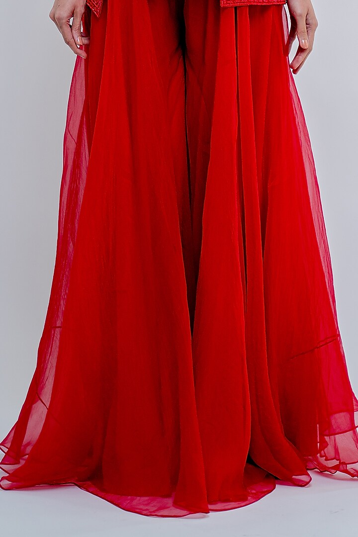 Crimson Red Embroidered Jacket Set by Varun Chakkilam at Pernia's Pop Up Shop