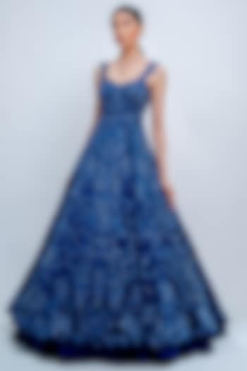 Sapphire Blue Embroidered Floral Gown by Varun Chakkilam at Pernia's Pop Up Shop