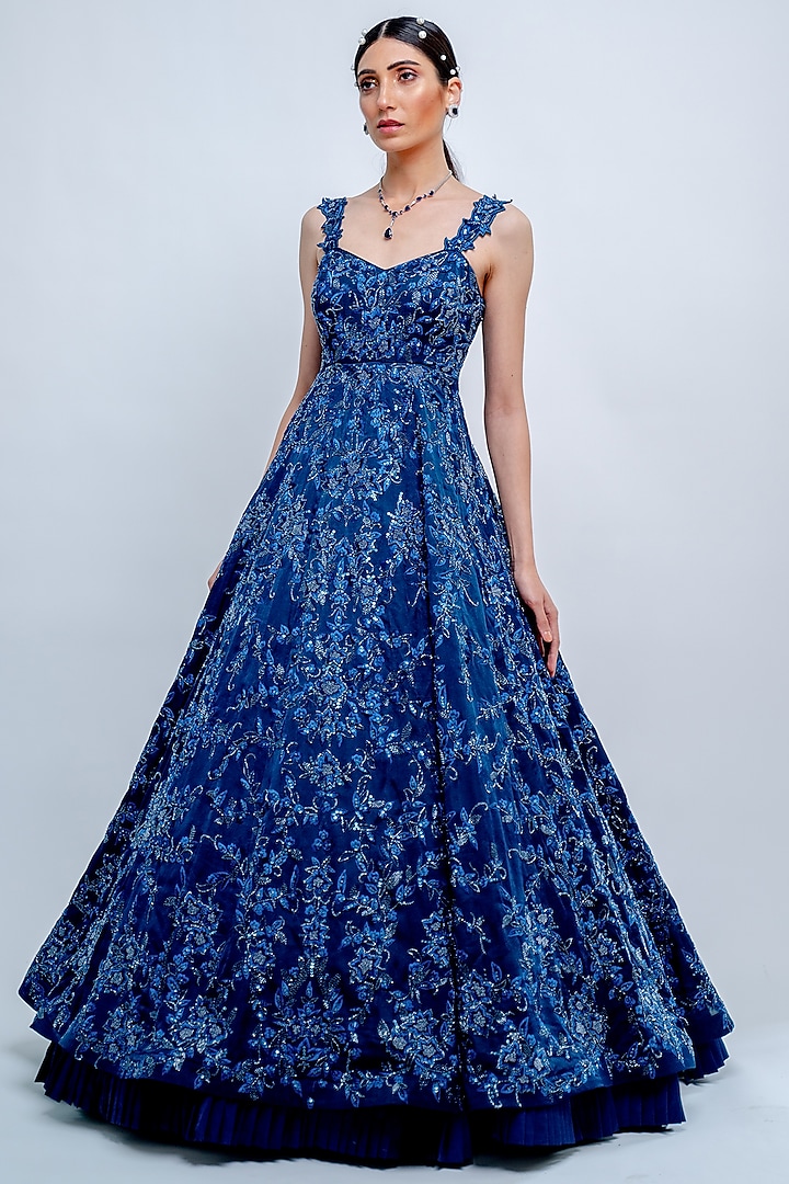 Sapphire Blue Embroidered Floral Gown by Varun Chakkilam