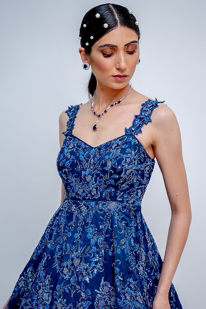 Sapphire Blue Embroidered Floral Gown by Varun Chakkilam at Pernia's Pop Up Shop