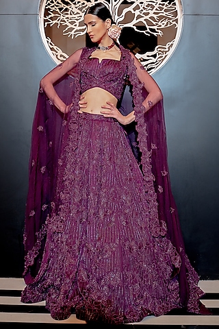 Plum Printed Lehenga Set by Varun Chakkilam