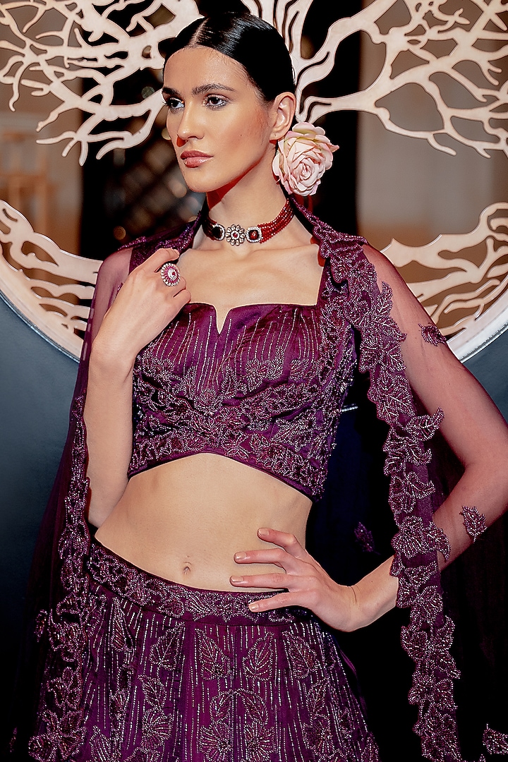Plum Printed Bridal Lehenga Set by Varun Chakkilam at Pernia's Pop Up Shop
