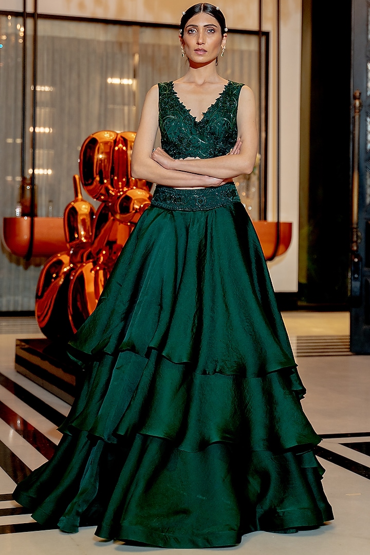 Emerald Green Silk Organza Layered Skirt Set by Varun Chakkilam