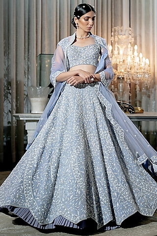 Lilac-Blue Embroidered Lehenga Set by Varun Chakkilam