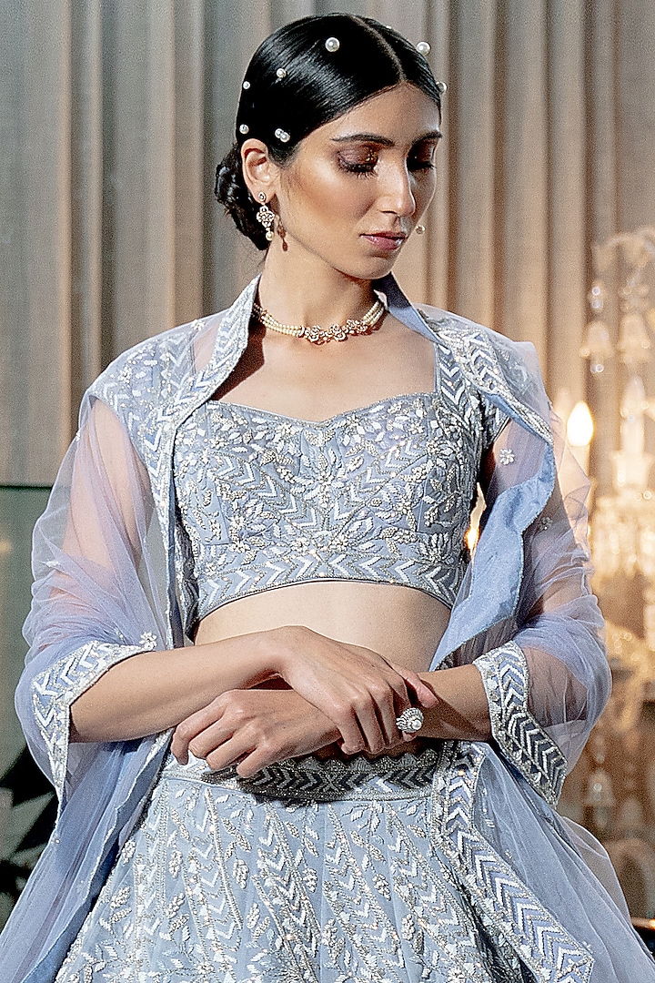Lilac-Blue Embroidered Bridal Lehenga Set by Varun Chakkilam at Pernia's Pop Up Shop