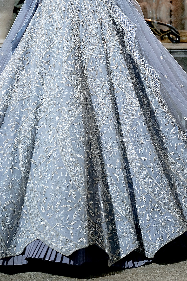 Lilac-Blue Embroidered Bridal Lehenga Set by Varun Chakkilam at Pernia's Pop Up Shop