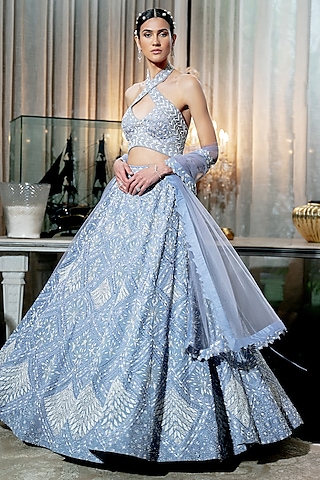 Lilac-Blue Embroidered Neo-Floral Lehenga Set by Varun Chakkilam