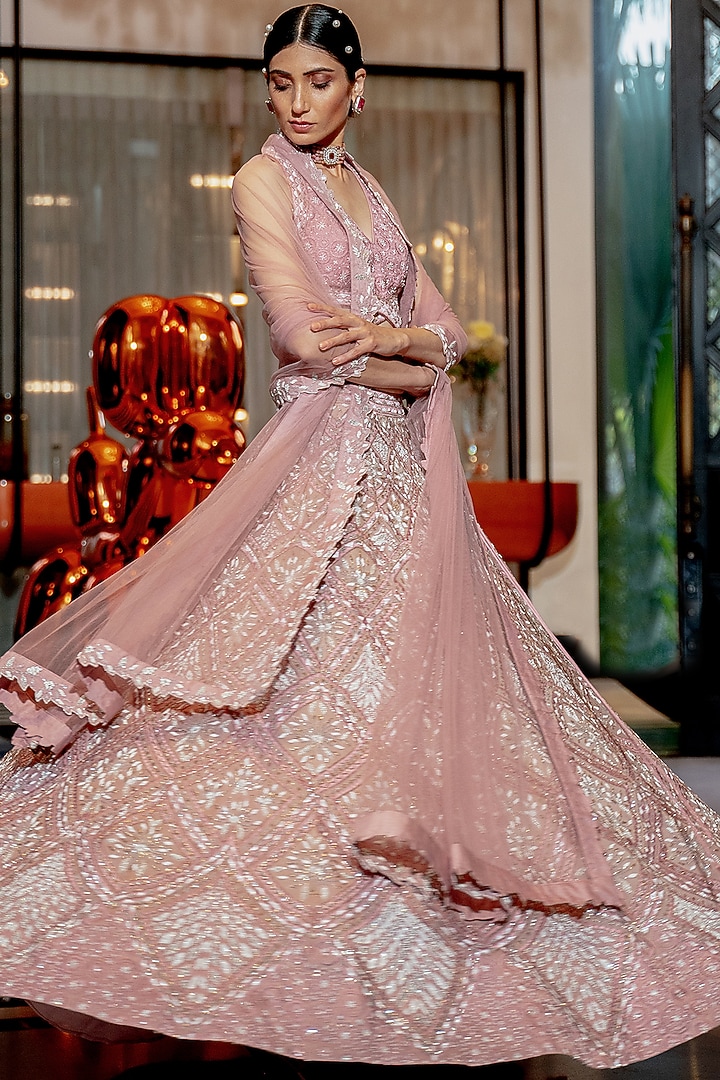Onion Pink Embroidered Neo-Floral Bridal Lehenga Set by Varun Chakkilam at Pernia's Pop Up Shop