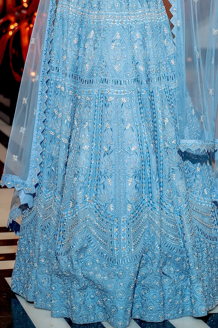 Powder Blue Embroidered Neo-Floral Bridal Lehenga Set by Varun Chakkilam at Pernia's Pop Up Shop
