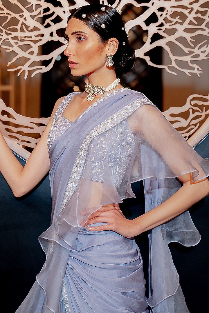 Lilac Blue Silk Organza Pre-Draped Ruffled Wedding Saree Set by Varun Chakkilam at Pernia's Pop Up Shop