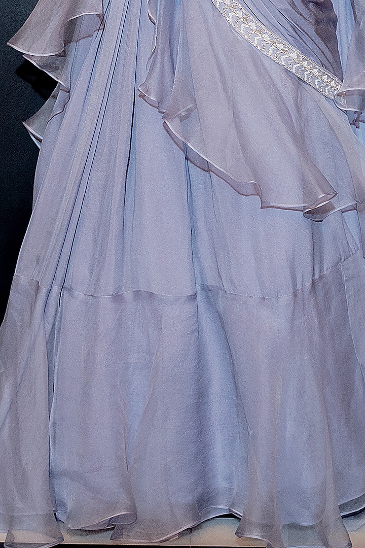 Lilac Blue Silk Organza Pre-Draped Ruffled Wedding Saree Set by Varun Chakkilam at Pernia's Pop Up Shop