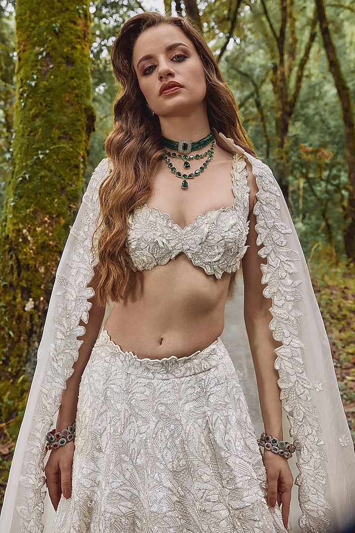 Alabaster White Organza Sequins Embroidered Bridal Lehenga Set by Varun Chakkilam at Pernia's Pop Up Shop