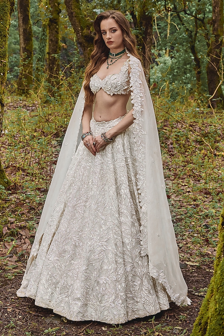 Alabaster White Organza Sequins Embroidered Bridal Lehenga Set by Varun Chakkilam at Pernia's Pop Up Shop