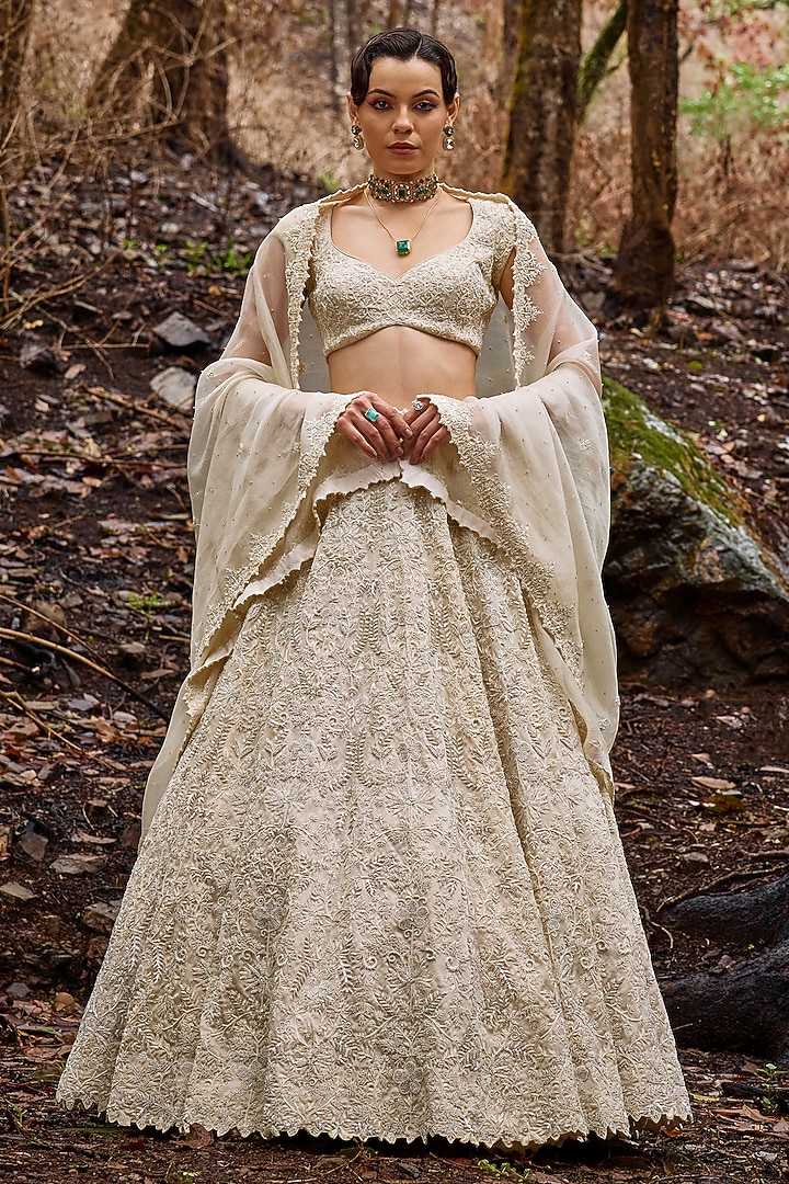 Alabaster White Organza Beads Embroidered Bridal lehenga for 22 Lehenga Set by Varun Chakkilam at Pernia's Pop Up Shop