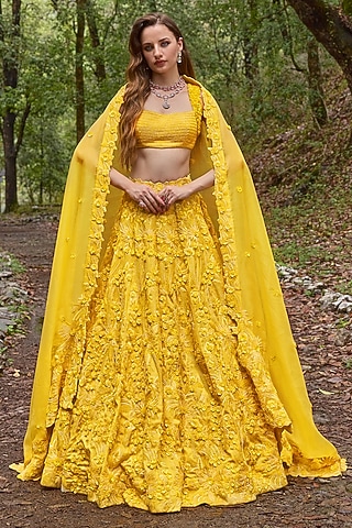 Canary Yellow Organza 3D Floral Embroidered Lehenga Set by Varun Chakkilam