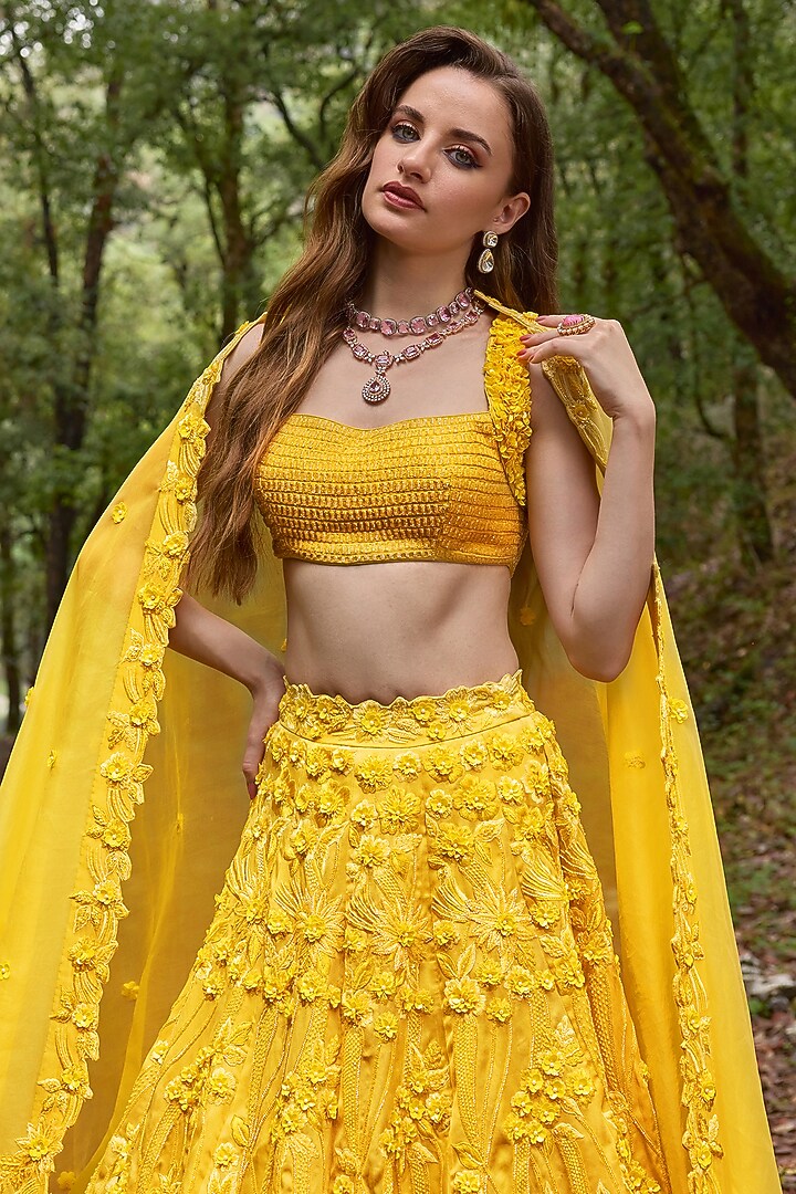 Canary Yellow Organza 3D Floral Embroidered Bridal Lehenga Set by Varun Chakkilam at Pernia's Pop Up Shop