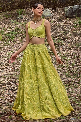 Moss Green Organza Thread Embroidered Lehenga Set by Varun Chakkilam
