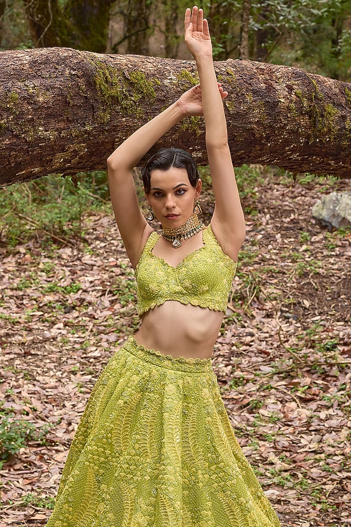 Moss Green Organza Thread Embroidered Bridal Lehenga Set by Varun Chakkilam at Pernia's Pop Up Shop