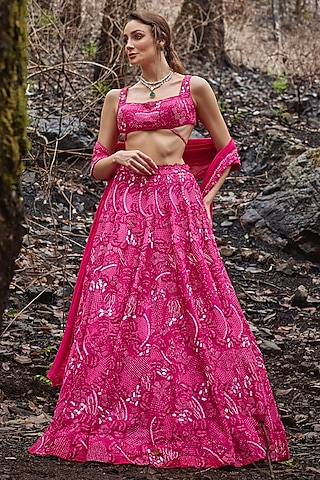 Fuchsia Pink Organza 3D Beads Embroidered Lehenga Set by Varun Chakkilam