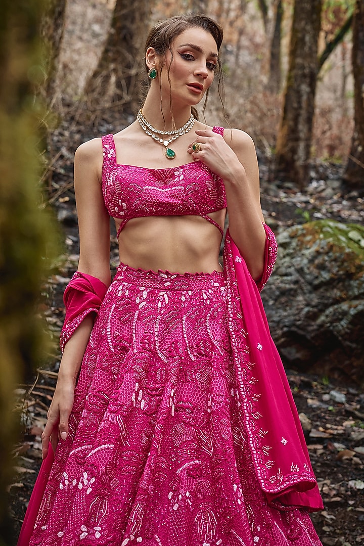 Fuchsia Pink Organza 3D Beads Embroidered Bridal Lehenga Set by Varun Chakkilam at Pernia's Pop Up Shop