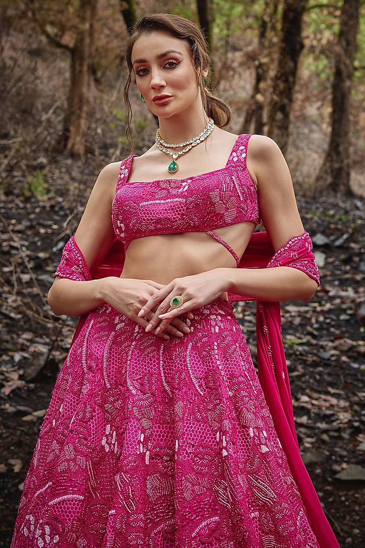 Fuchsia Pink Organza 3D Beads Embroidered Bridal Lehenga Set by Varun Chakkilam at Pernia's Pop Up Shop