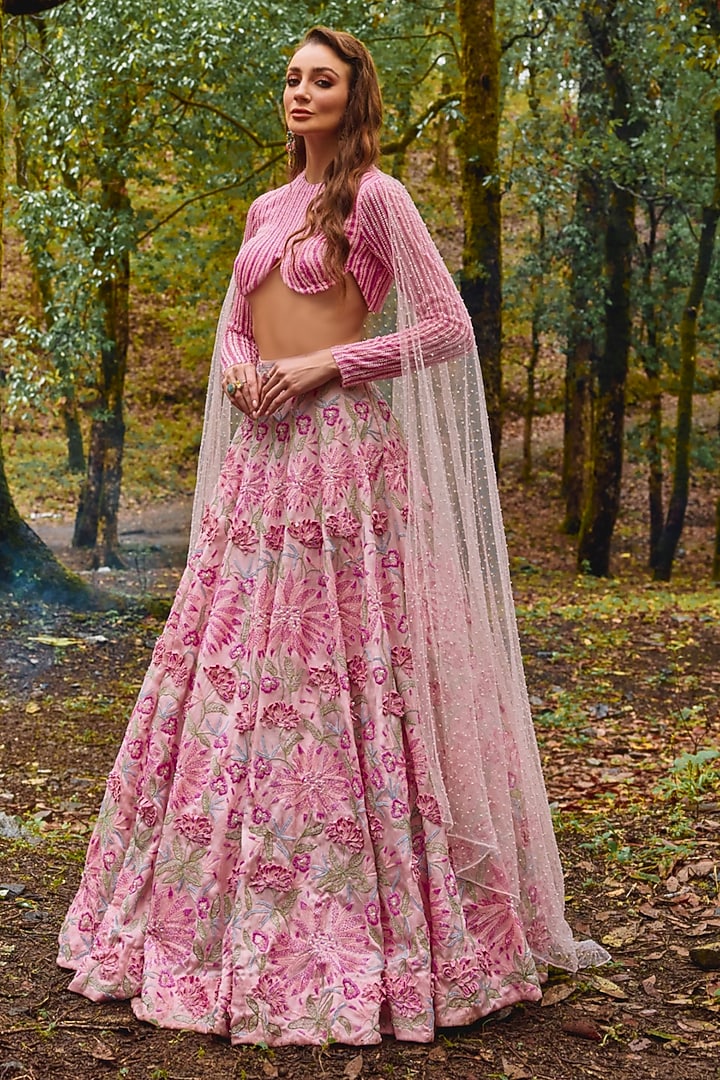 Sakura Pink Organza Floral Embroidered Bridal Lehenga Set by Varun Chakkilam at Pernia's Pop Up Shop