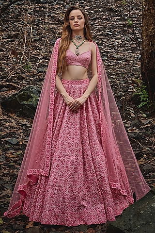 Orchid Pink Organza Beads Embroidered Lehenga Set by Varun Chakkilam