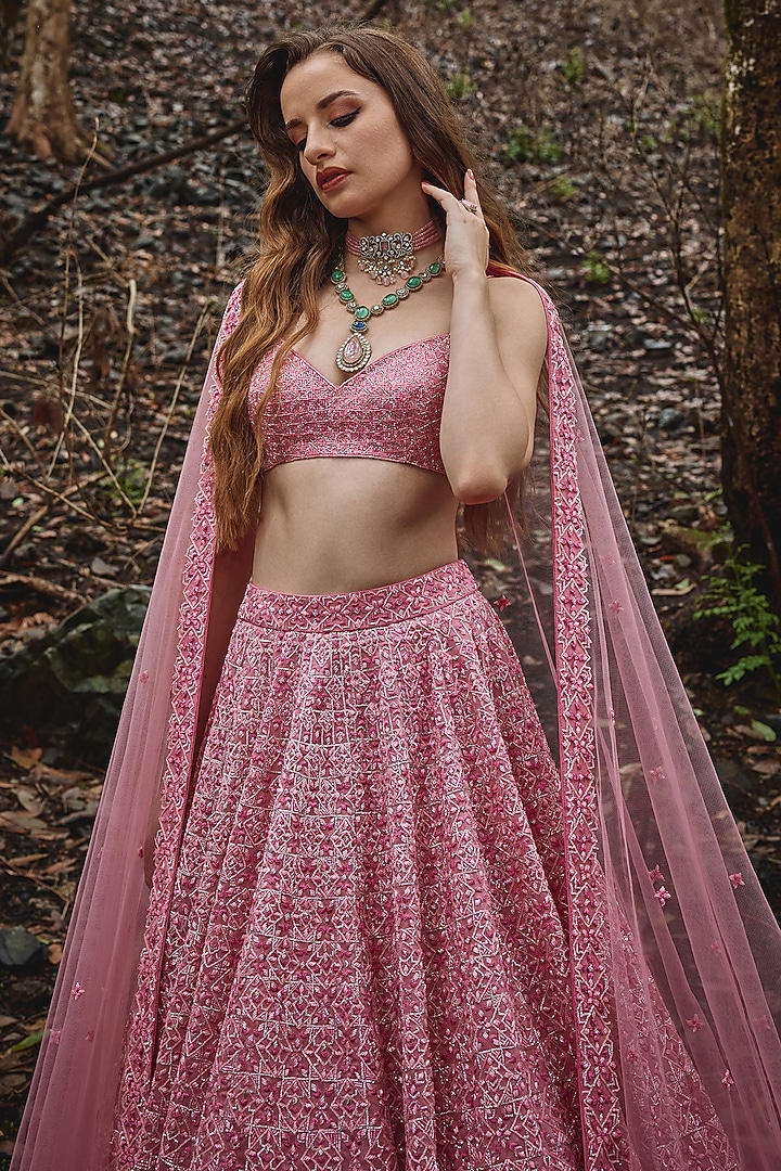 Orchid Pink Organza Beads Embroidered Bridal Lehenga Set by Varun Chakkilam at Pernia's Pop Up Shop