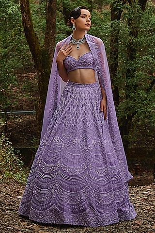 Wisteria Lilac Organza Tassels Embroidered Lehenga Set by Varun Chakkilam