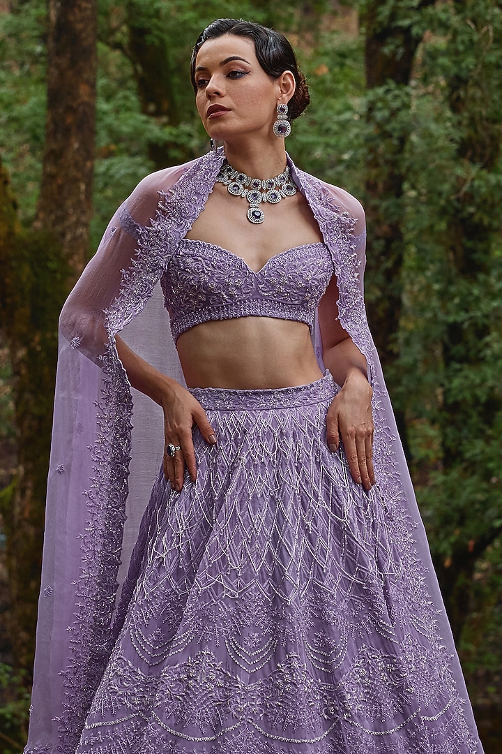 Wisteria Lilac Organza Tassels Embroidered Bridal Lehenga Set by Varun Chakkilam at Pernia's Pop Up Shop